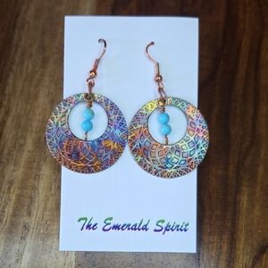 Turquoise and Flame Painted Copper Earrings on Wire Hooks